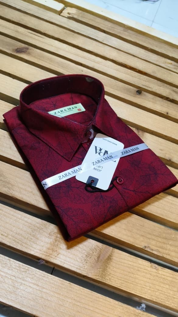 Cotton Elegance Maroon Leaf Print Shirt