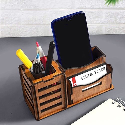 BOQP 3 in 1 Pen Stand with Visiting Card & Mobile Holder Multipurpose Wooden Desk Organizer Pen and Pencil Stand for Office Table with Business Card Holder Box and Mobile Stand