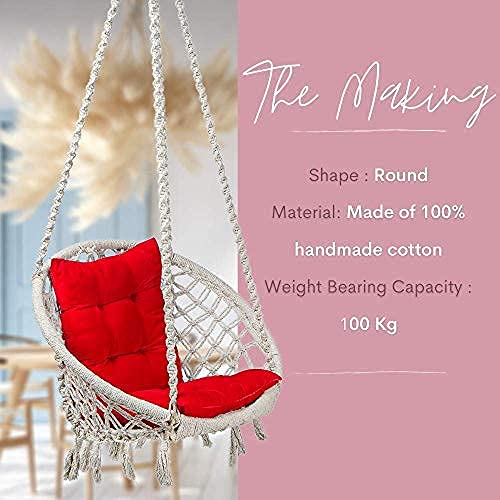 Curio Centre Make in India Cotton Round Swing for Adults with L Shape Cushion & Spring Kit/Hammock Swing for Kids & Adults/Swing for Balcony/Swing Chair Home-Accessories Included (145x57x43 cm, White)