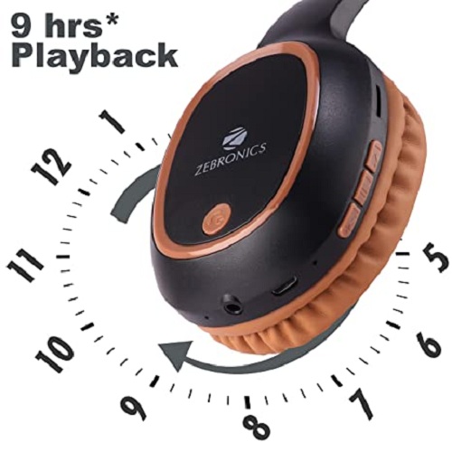 ZEBRONICS Zeb-Thunder Wireless Bluetooth Over The Ear Headphone FM, mSD, 9 hrs Playback with Mic (Brown)