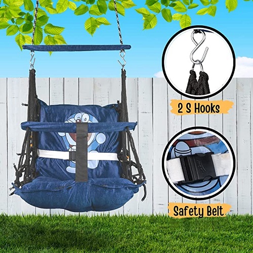 Curio Centre Doremon Printed Cotton Baby Swing/Wooden Hanging Swing Seat Chair for Baby with Safety Belt/Baby Swing Chair/Baby Swing for Indoor, Outdoor & Garden/Durable Portable Jhula (Blue)