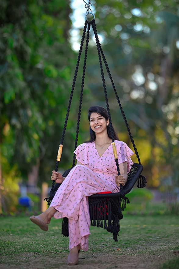 Curio Centre Make in India Square Premium Swing with Polyester Ropes & Mild Steel Frame for Adults & Kids/Indoor Outdoor Hanging Swing Chair with Cushion & Accessories (63 x 66 x 144 cm, Black)