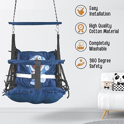 Curio Centre Doremon Printed Cotton Baby Swing/Wooden Hanging Swing Seat Chair for Baby with Safety Belt/Baby Swing Chair/Baby Swing for Indoor, Outdoor & Garden/Durable Portable Jhula (Blue)