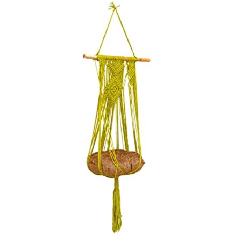 Curio Centre Pet Hammock Swing Chair for Cats & Dogs/ Pets Macrame Cotton Home Swing & Hammock Chair for Balcony, Indoor/ Swing with Brown Cushion & Hanging Accessories/ Weight Capacity 50 Kgs-Yellow