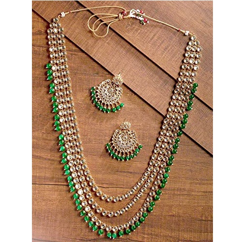 Zaveri Pearls Kundan & Dangling Green Beads Multi Layered Jewellery Set For Women-ZPFK9418