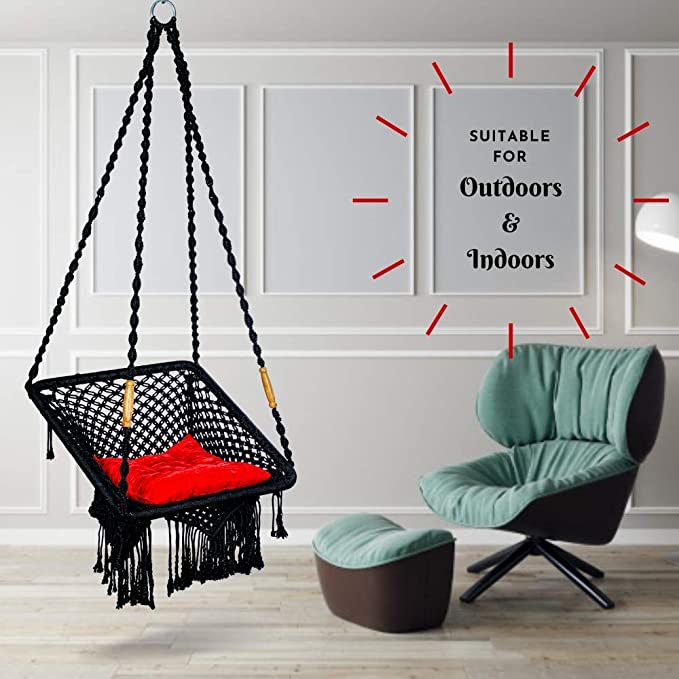 Curio Centre Make in India Square Premium Swing with Polyester Ropes & Mild Steel Frame for Adults & Kids/Indoor Outdoor Hanging Swing Chair with Cushion & Accessories (63 x 66 x 144 cm, Black)