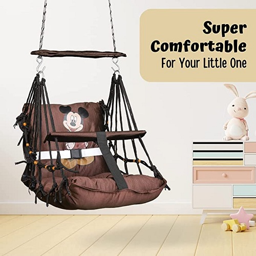 Curio Centre Mickey Printed Cotton Baby Swing Chair/Wooden Hanging Swing Seat Chair for Baby with Safety Belt/Baby Hammock Swing Chair/Baby Swing for Indoor, Outdoor & Garden/Durable Portable Jhula (Brown)