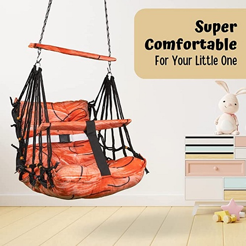 Curio Centre Printed Cotton Baby Swing Chair/Wooden Hanging Swing Seat Chair for Baby with Safety Belt/Baby Hammock Swing Chair/Baby Swing for Indoor, Outdoor & Garden/Durable Portable Jhula (Orange)