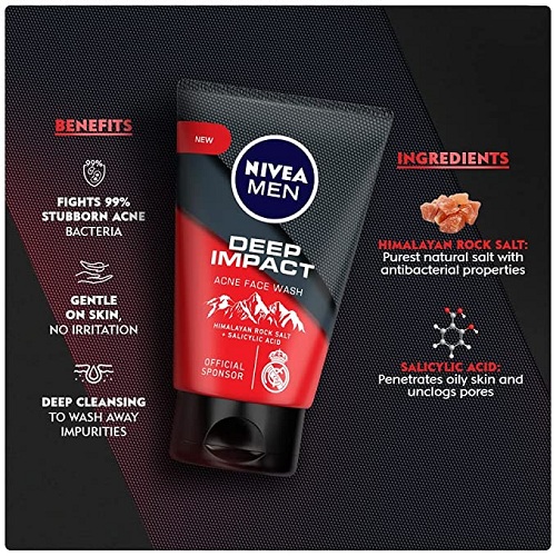 Nivea Men Facewash, Deep Impact Acne, With Himalayan Rock Salt, 100 Gm