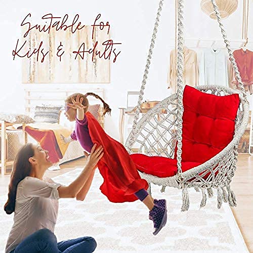 Curio Centre Make in India Cotton Round Swing for Adults with L Shape Cushion & Spring Kit/Hammock Swing for Kids & Adults/Swing for Balcony/Swing Chair Home-Accessories Included (145x57x43 cm, White)