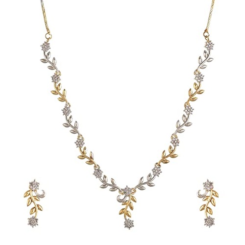 Zeneme Jewellery Set Sparkling CZ Diamond with Leafy Design Necklace Set for Women and Girl