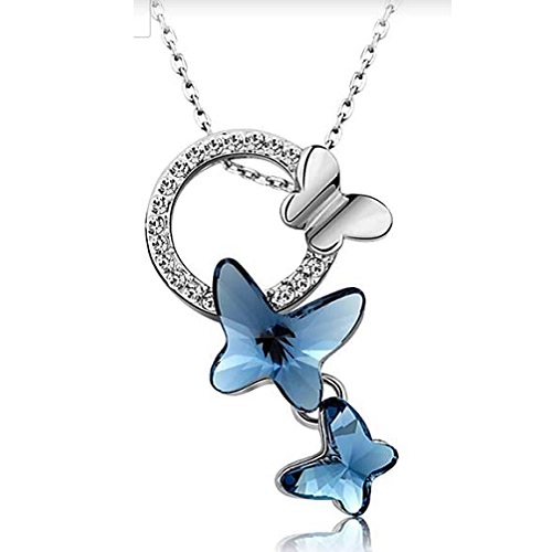 Valentine Gift By Shining Diva Italian Designer Platinum Plated Crystal Butterfly Earrings Chain Pendant Necklace Combo Jewellery Set for Women and Girls (Blue)