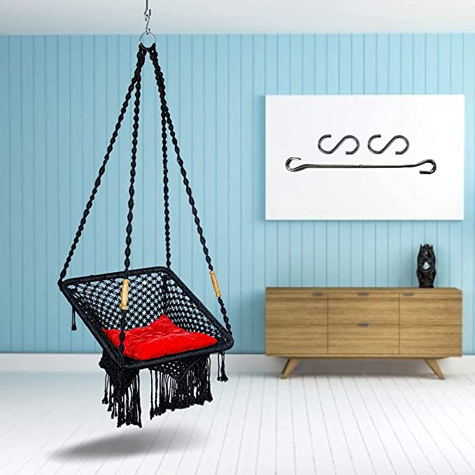 Curio Centre Make in India Square Premium Swing with Polyester Ropes & Mild Steel Frame for Adults & Kids/Indoor Outdoor Hanging Swing Chair with Cushion & Accessories (63 x 66 x 144 cm, Black)