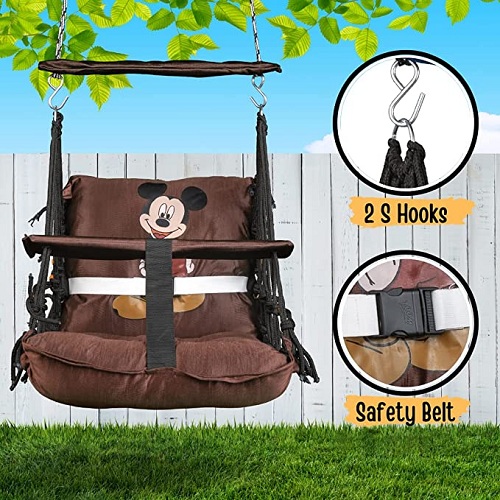 Curio Centre Mickey Printed Cotton Baby Swing Chair/Wooden Hanging Swing Seat Chair for Baby with Safety Belt/Baby Hammock Swing Chair/Baby Swing for Indoor, Outdoor & Garden/Durable Portable Jhula (Brown)