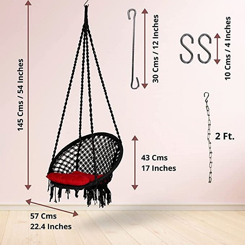 Curio Centre Round Cotton Rope Hanging Swing with Square Cushion & Chain Accessories for Adults & Kids/Swing for Indoor,Outdoor, Home,Patio,Yard,Balcony, Garden (145x57x43 cm, 100 kgs Capacity, Black)