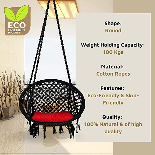 Curio Centre Round Cotton Rope Hanging Swing with Square Cushion & Chain Accessories for Adults & Kids/Swing for Indoor,Outdoor, Home,Patio,Yard,Balcony, Garden (145x57x43 cm, 100 kgs Capacity, Black)