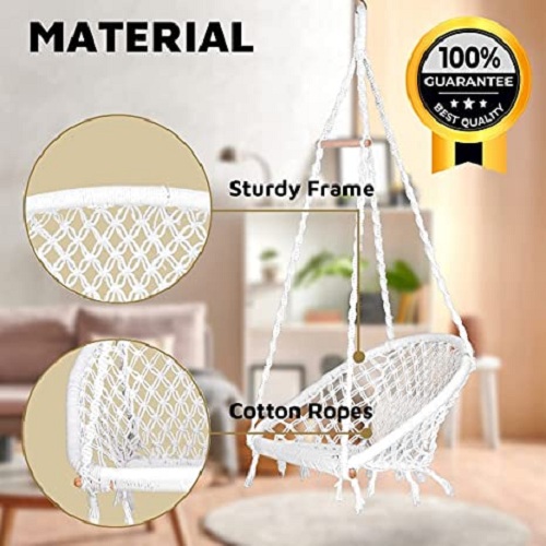 Curio Centre Make in India Premium D Shape Cotton Swing for Home & Hammock Chair with Hanging Accessories /Swing Chair Balcony/Swing Chair for Indoor for Outdoor (White)