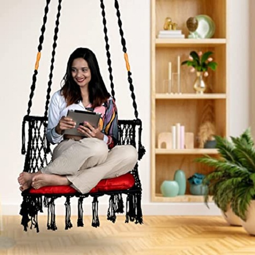 Curio Centre Make in India C-Shape Premium Swing with Polyester Ropes & Mild Steel Frame for Adults & Kids/Indoor Outdoor Hanging Swing Chair with Cushion & Accessories ( Black)