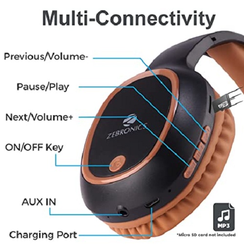 ZEBRONICS Zeb-Thunder Wireless Bluetooth Over The Ear Headphone FM, mSD, 9 hrs Playback with Mic (Brown)