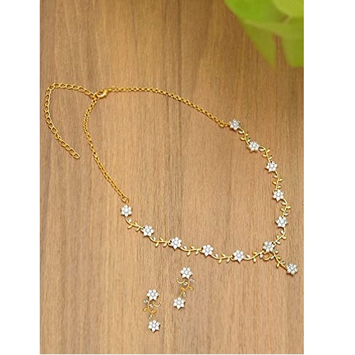 Zaveri Pearls Sparkling CZ Diamond with Leafy Design Necklace Set For Women - ZPFK5425