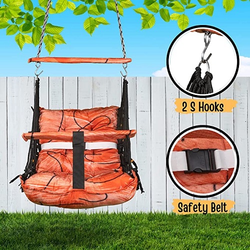 Curio Centre Printed Cotton Baby Swing Chair/Wooden Hanging Swing Seat Chair for Baby with Safety Belt/Baby Hammock Swing Chair/Baby Swing for Indoor, Outdoor & Garden/Durable Portable Jhula (Orange)