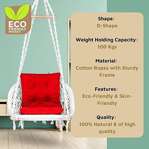 Curio Centre Make in India Premium White D Shape Cotton Swing with L-Cushion & Hanging Kit/Hammock Swing for Kids & Adults/Swing for Balcony/Cushion, Spring & Accessories Included (White)