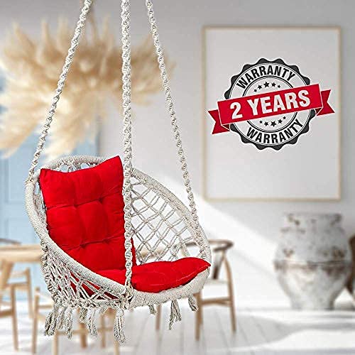 Curio Centre Make in India Cotton Round Swing for Adults with L Shape Cushion & Spring Kit/Hammock Swing for Kids & Adults/Swing for Balcony/Swing Chair Home-Accessories Included (145x57x43 cm, White)