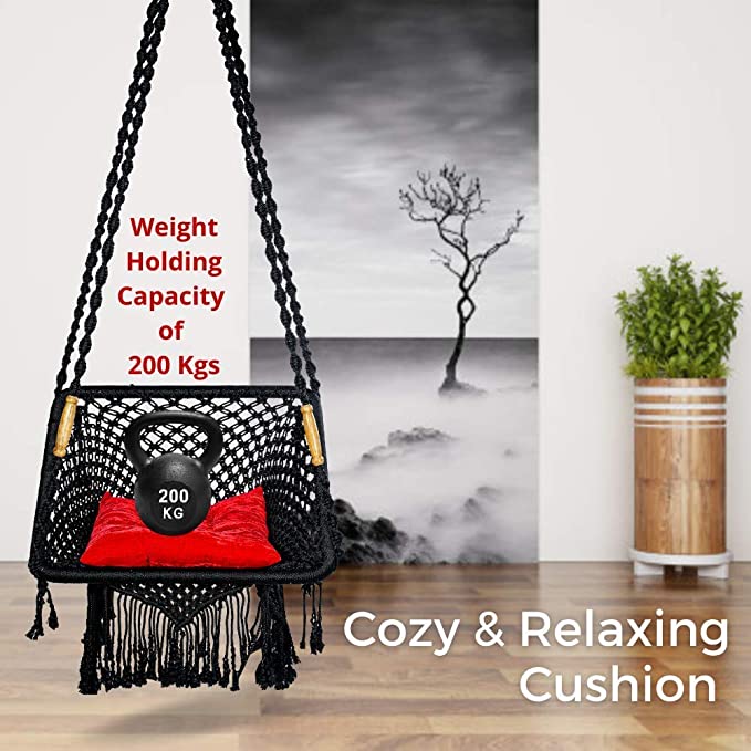 Curio Centre Make in India Square Premium Swing with Polyester Ropes & Mild Steel Frame for Adults & Kids/Indoor Outdoor Hanging Swing Chair with Cushion & Accessories (63 x 66 x 144 cm, Black)