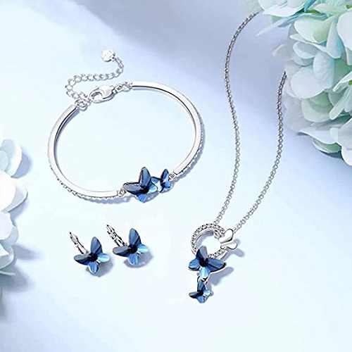 Valentine Gift By Shining Diva Italian Designer Platinum Plated Crystal Butterfly Earrings Chain Pendant Necklace Combo Jewellery Set for Women and Girls (Blue)