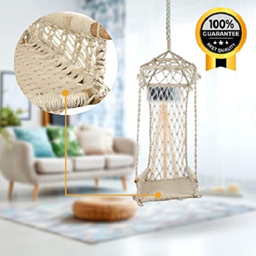 Curio Centre Hammock Macrame Hanging Maharaja Cotton Swing Chair with Accessories (55Cm x 55Cm x 84Cm, White)