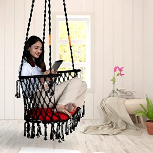 Curio Centre Make in India C-Shape Premium Swing with Polyester Ropes & Mild Steel Frame for Adults & Kids/Indoor Outdoor Hanging Swing Chair with Cushion & Accessories ( Black)