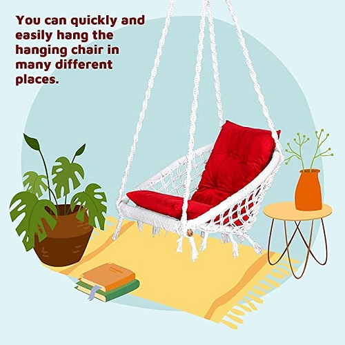 Curio Centre Make in India Premium White D Shape Cotton Swing with L-Cushion & Hanging Kit/Hammock Swing for Kids & Adults/Swing for Balcony/Cushion, Spring & Accessories Included (White)