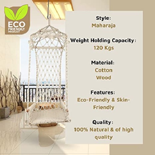 Curio Centre Hammock Macrame Hanging Maharaja Cotton Swing Chair with Accessories (55Cm x 55Cm x 84Cm, White)