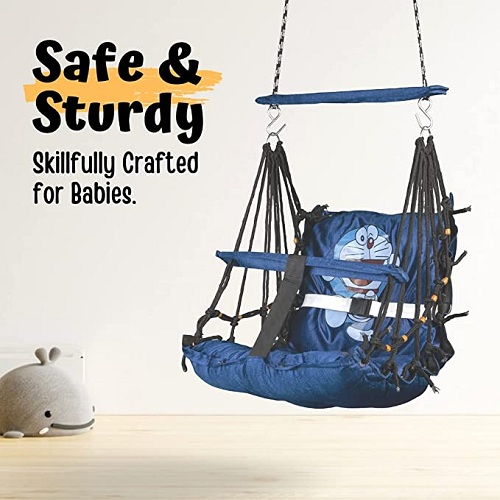 Curio Centre Doremon Printed Cotton Baby Swing/Wooden Hanging Swing Seat Chair for Baby with Safety Belt/Baby Swing Chair/Baby Swing for Indoor, Outdoor & Garden/Durable Portable Jhula (Blue)