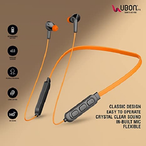 UBON Bluetooth Headphones Earphones 5.0 Wireless Headphones with Hi-Fi Stereo Sound, 12Hrs Playtime, Lightweight Ergonomic Neckband, Water-Resistant Magnetic Earbuds, Voice Assistant & Mic (Orange)