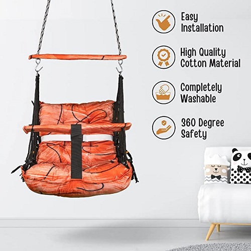 Curio Centre Printed Cotton Baby Swing Chair/Wooden Hanging Swing Seat Chair for Baby with Safety Belt/Baby Hammock Swing Chair/Baby Swing for Indoor, Outdoor & Garden/Durable Portable Jhula (Orange)