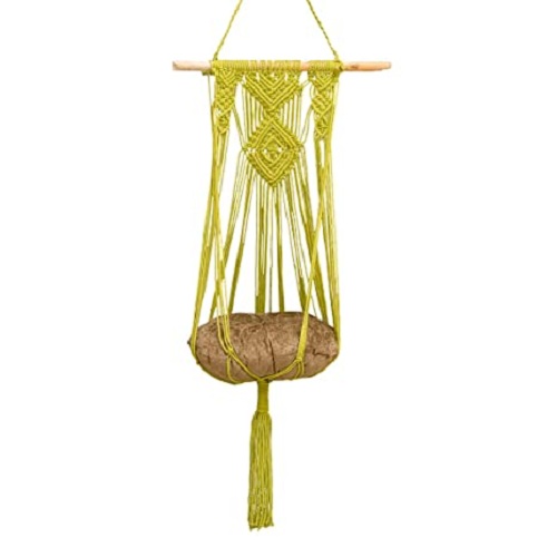 Curio Centre Pet Hammock Swing Chair for Cats & Dogs/ Pets Macrame Cotton Home Swing & Hammock Chair for Balcony, Indoor/ Swing with Brown Cushion & Hanging Accessories/ Weight Capacity 50 Kgs-Yellow