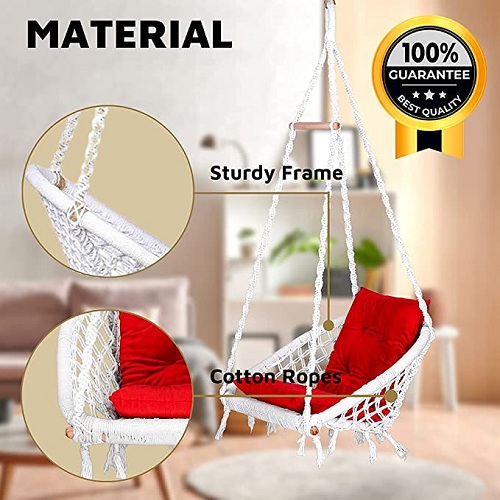 Curio Centre Make in India Premium White D Shape Cotton Swing with L-Cushion & Hanging Kit/Hammock Swing for Kids & Adults/Swing for Balcony/Cushion, Spring & Accessories Included (White)